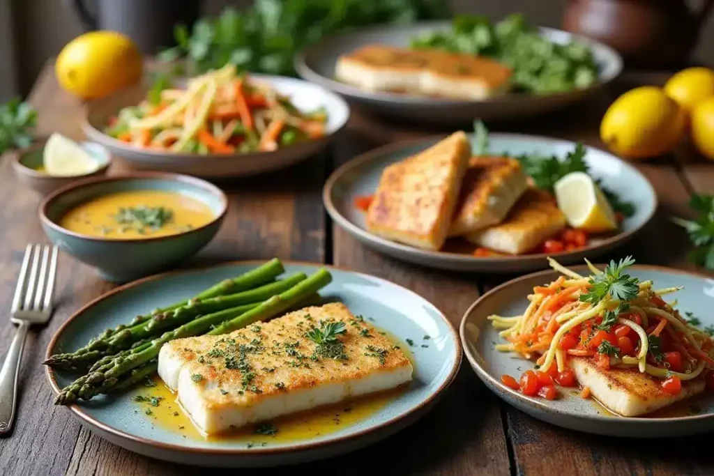 Perfectly cooked halibut recipes fillet garnished with fresh herbs and lemon slices