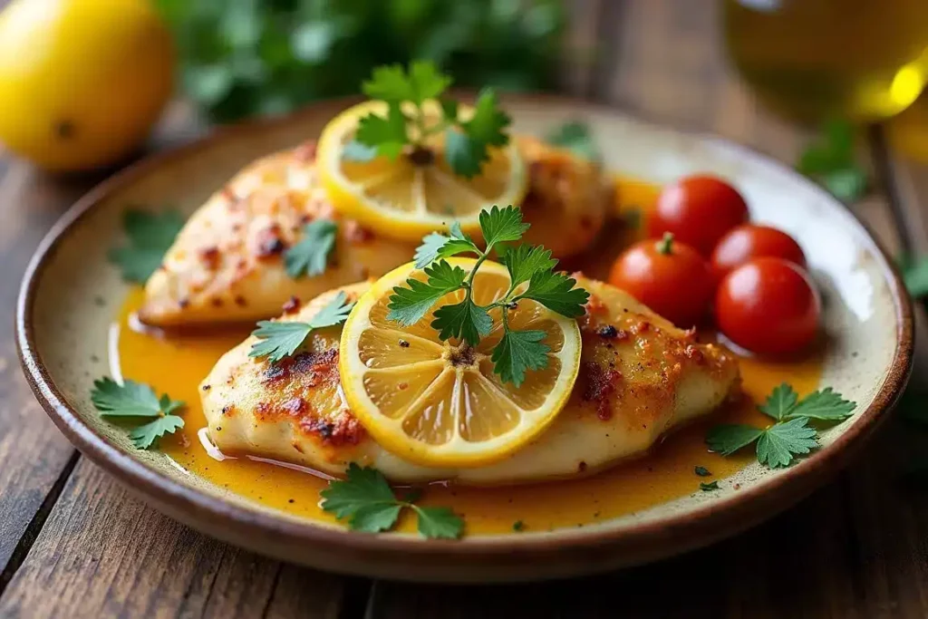 Lemon garlic baked chicken breast garnished with lemon slices and parsley, served with roasted vegetables