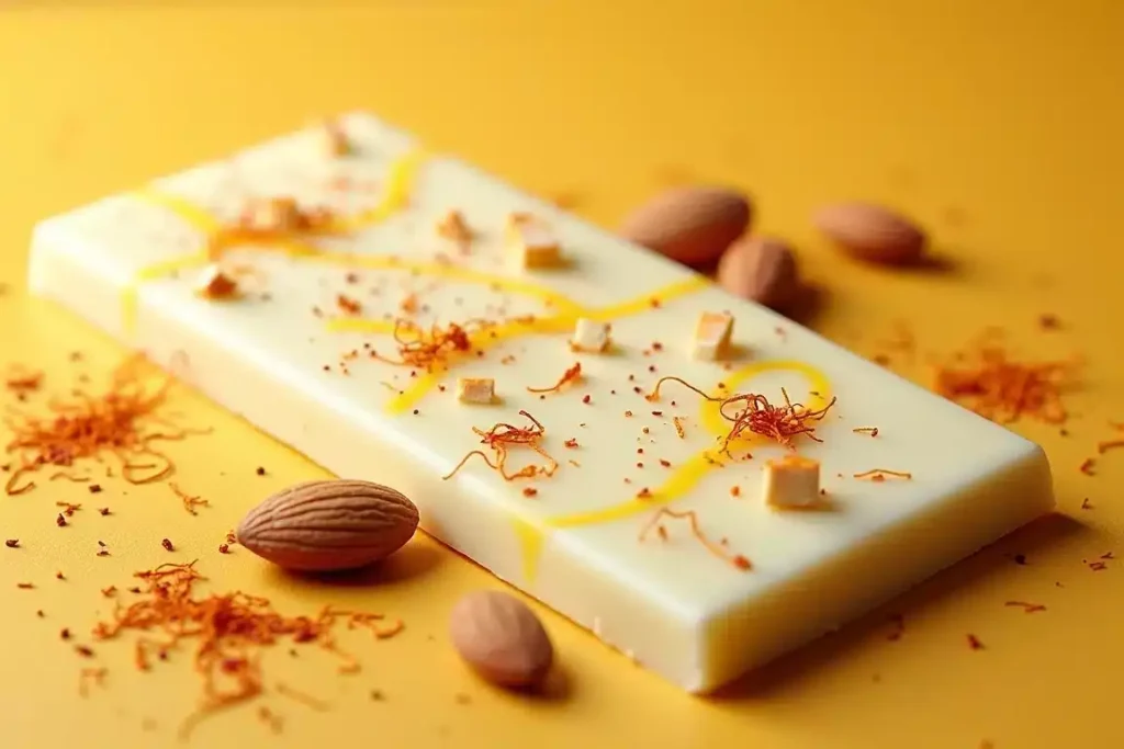 White chocolate bar infused with saffron and topped with crunchy almonds