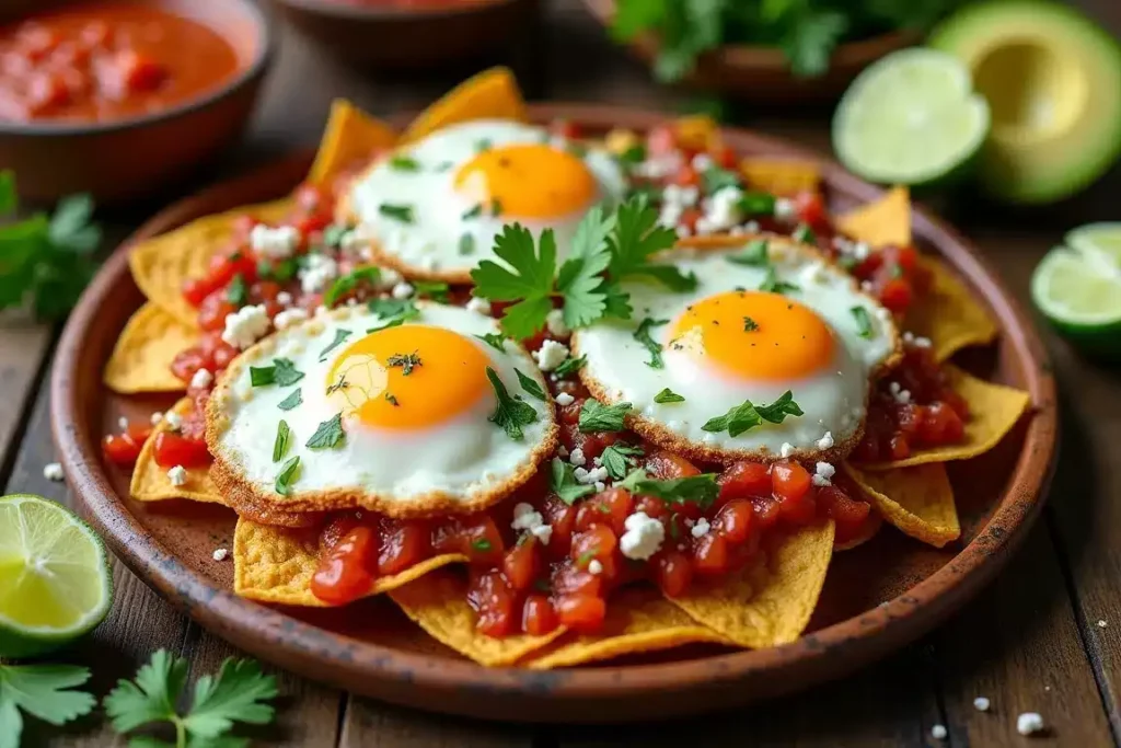 Spicy chilaquiles topped with fried eggs, queso fresco, and fresh cilantro