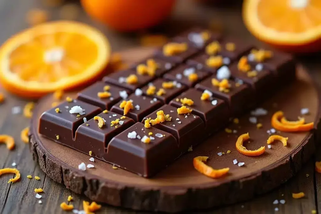 Orange zest dark chocolate bar garnished with fresh orange peel curls