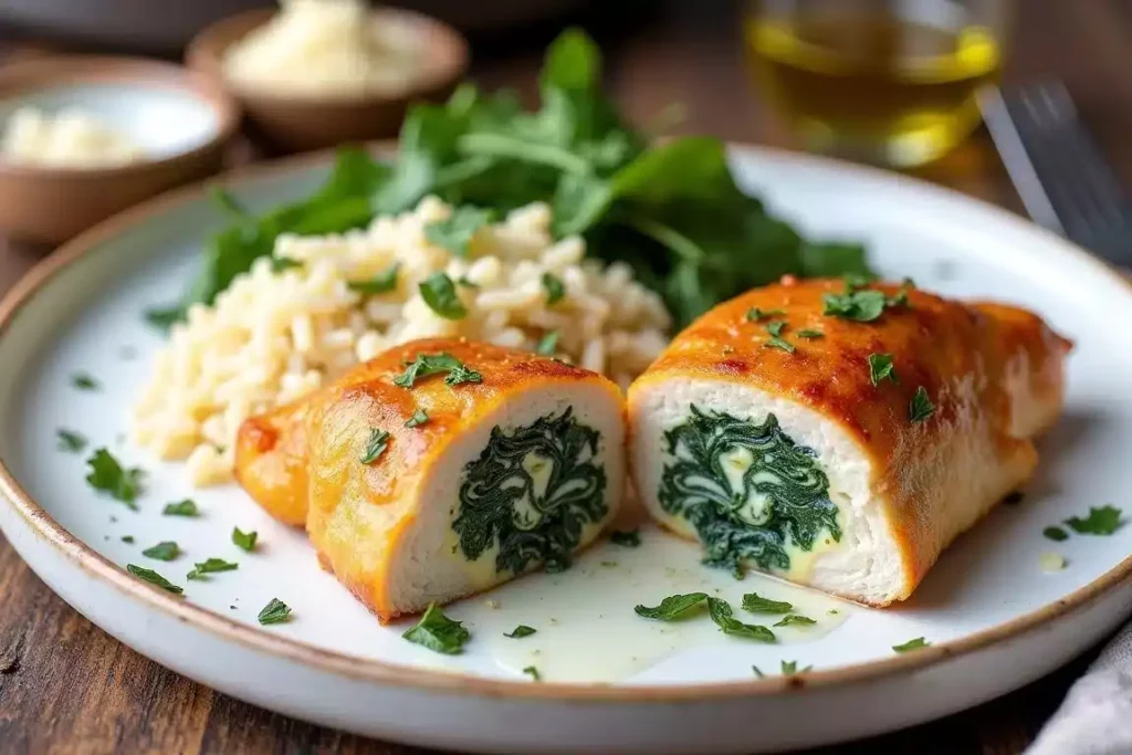 Stuffed chicken breast filled with spinach and cheese, garnished with parsley, served with roasted vegetables