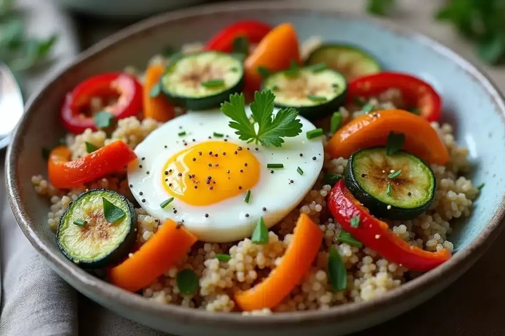 Quinoa breakfast bowl with roasted vegetables and a soft-boiled egg