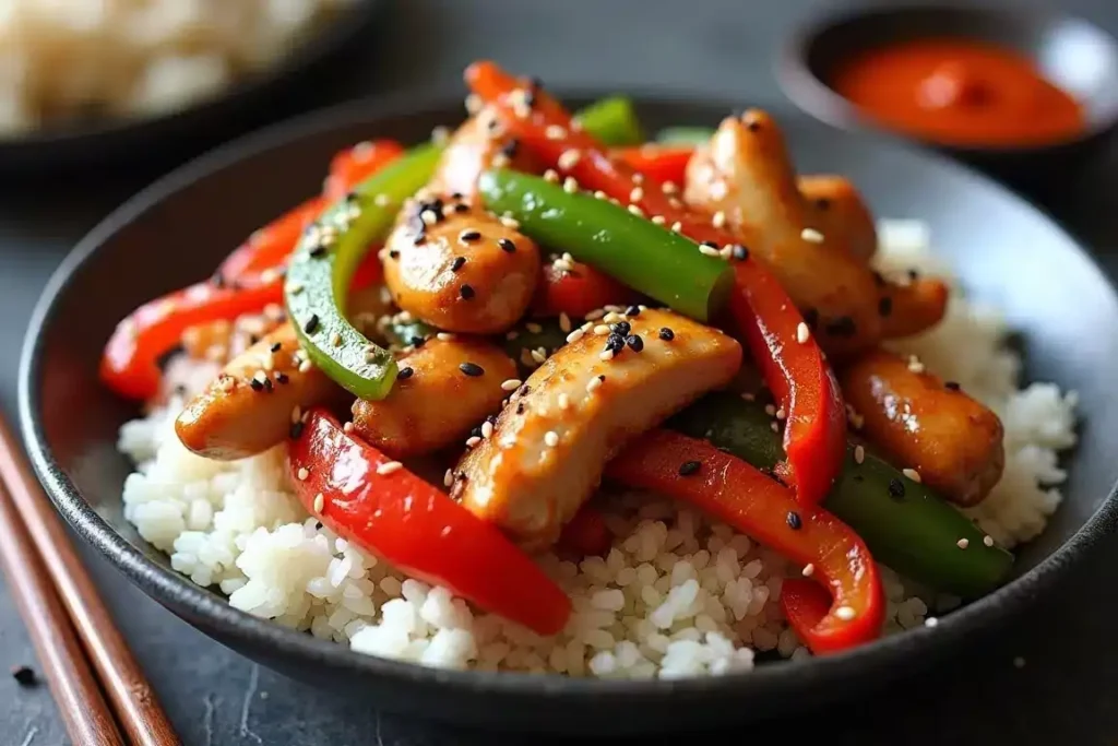 Spicy chicken stir-fry with colorful vegetables, garnished with sesame seeds and green onions, served with rice