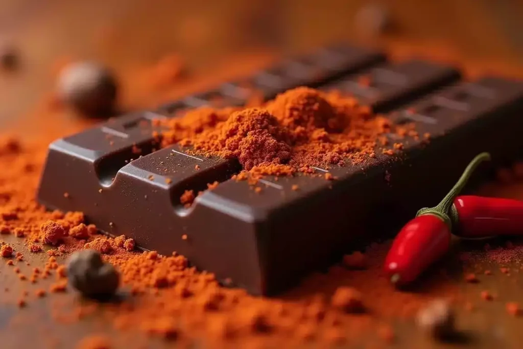 Spicy chili chocolate bar with a glossy finish, garnished with red chili flakes