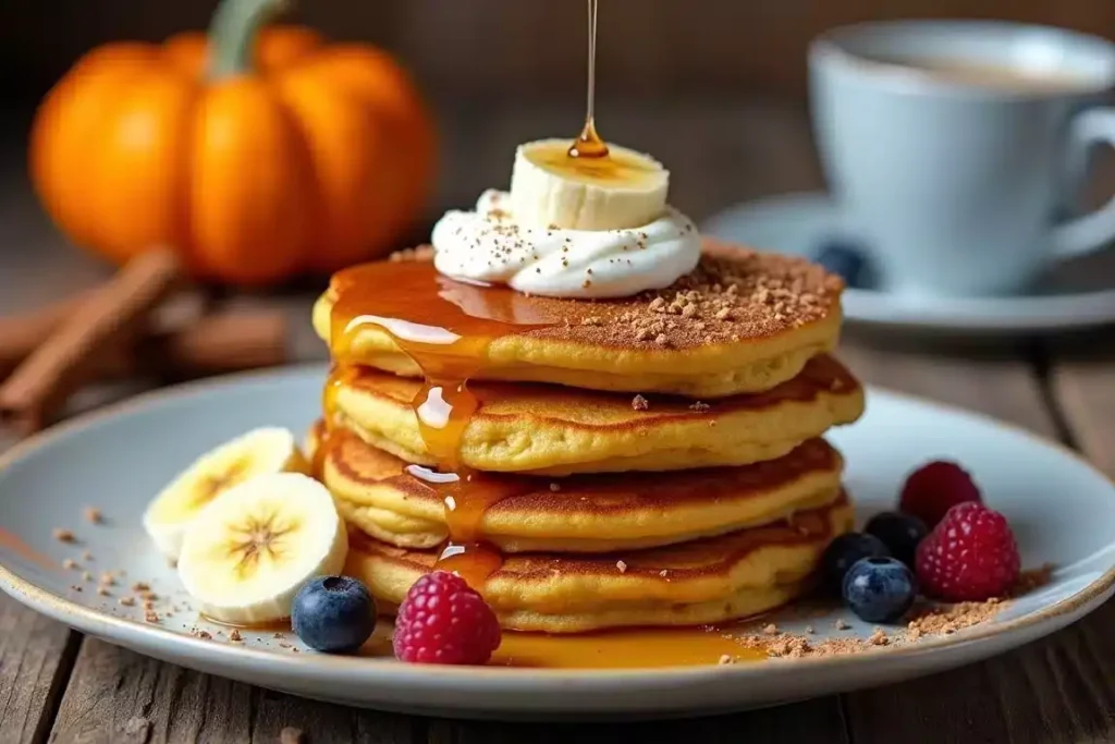 Fluffy pumpkin banana pancakes stacked high, drizzled with maple syrup and topped with sliced bananas