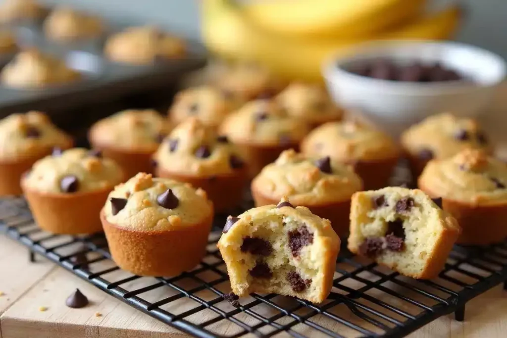 Mini banana chocolate chip muffins on a plate, with chocolate chips scattered around