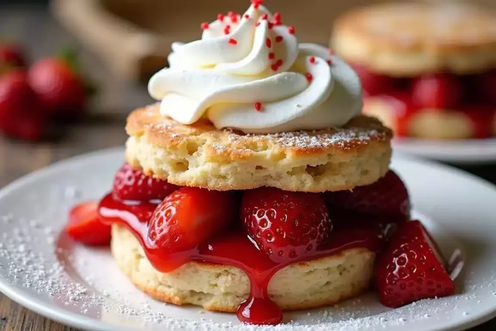 Gluten-free strawberry shortcake with almond and coconut flour biscuits, fresh strawberries, and whipped cream