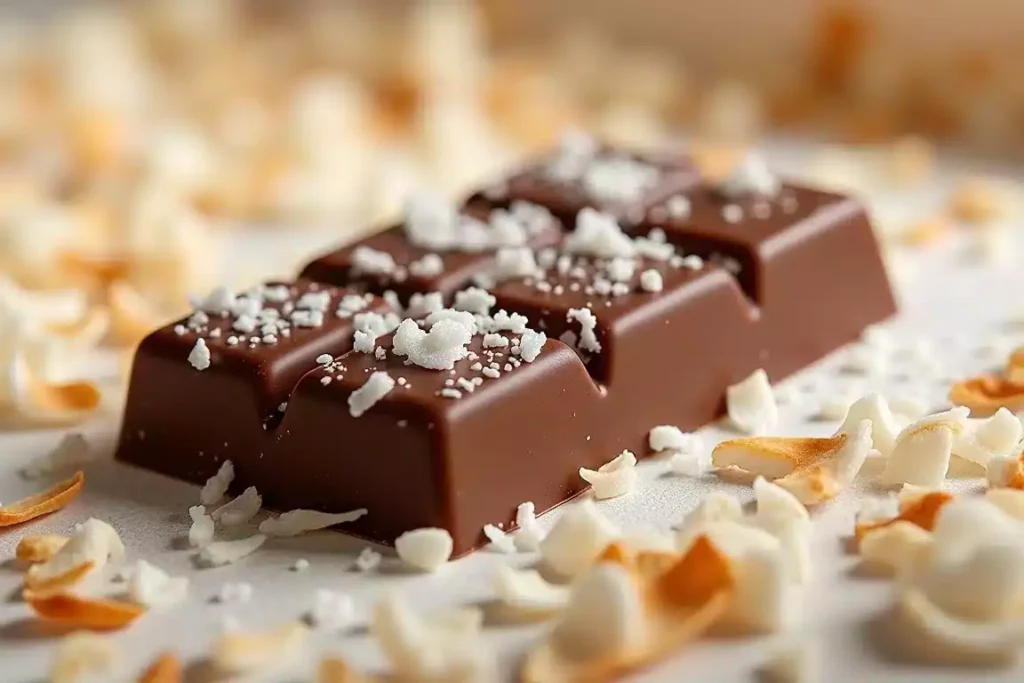 Coconut bliss chocolate bar topped with toasted coconut flakes