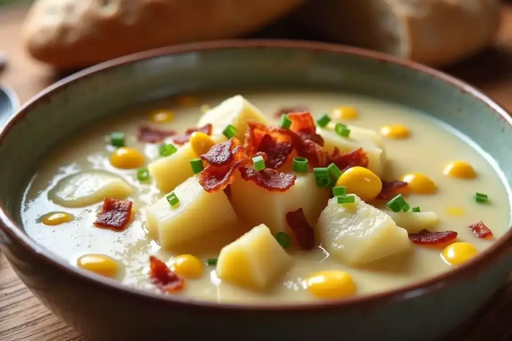 Bowl of creamy halibut chowder with chunks of fish, potatoes, and corn, garnished with fresh herbs