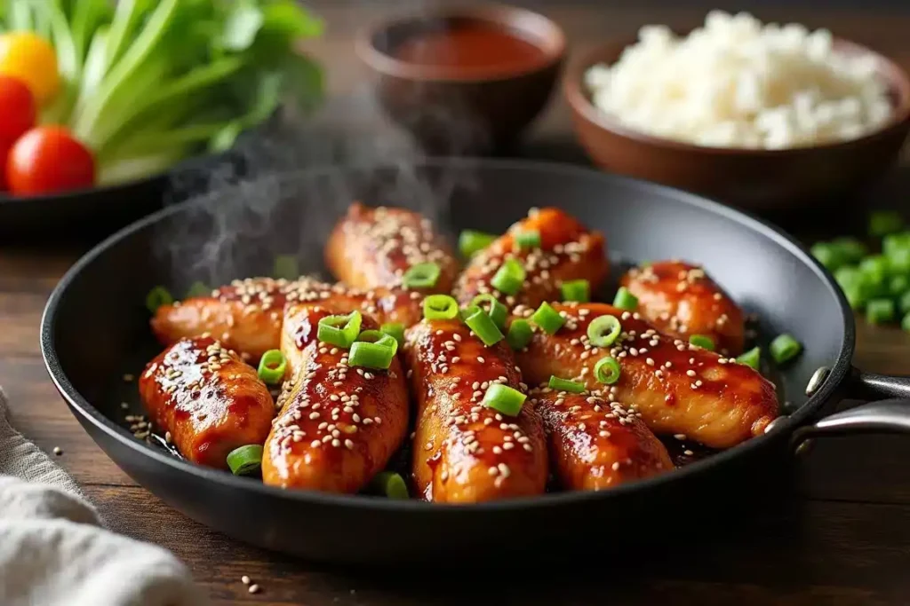 Teriyaki glazed chicken tenderloins garnished with sesame seeds and green onions, served with steamed rice