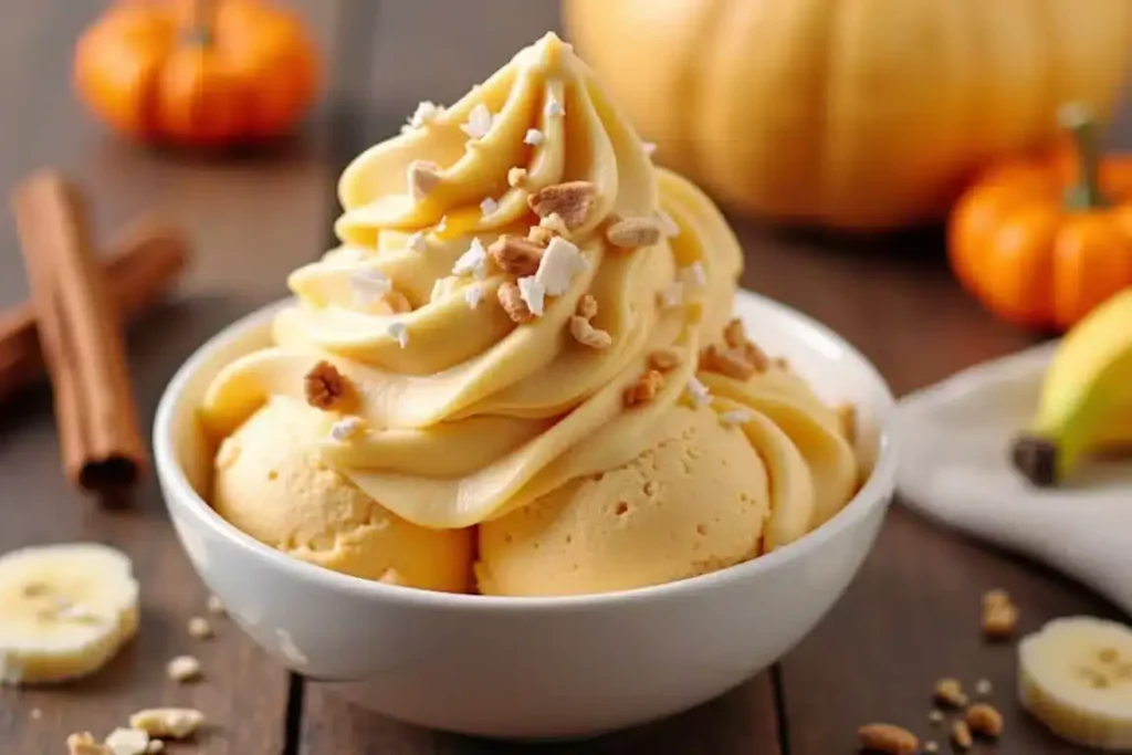 Pumpkin banana ice cream scooped into a bowl, garnished with a sprinkle of cinnamon