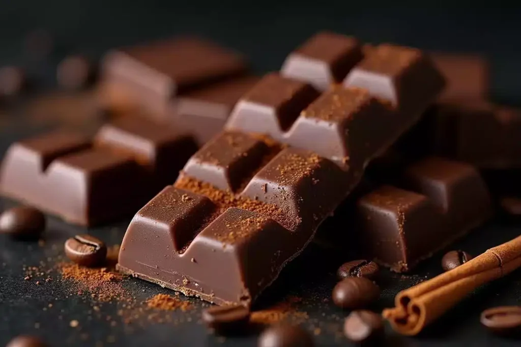 Espresso-infused chocolate bar with a smooth finish, garnished with coffee beans