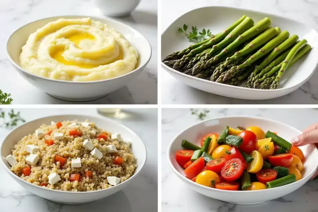 Quick and simple side dishes, including roasted vegetables and mashed potatoes, ready to serve