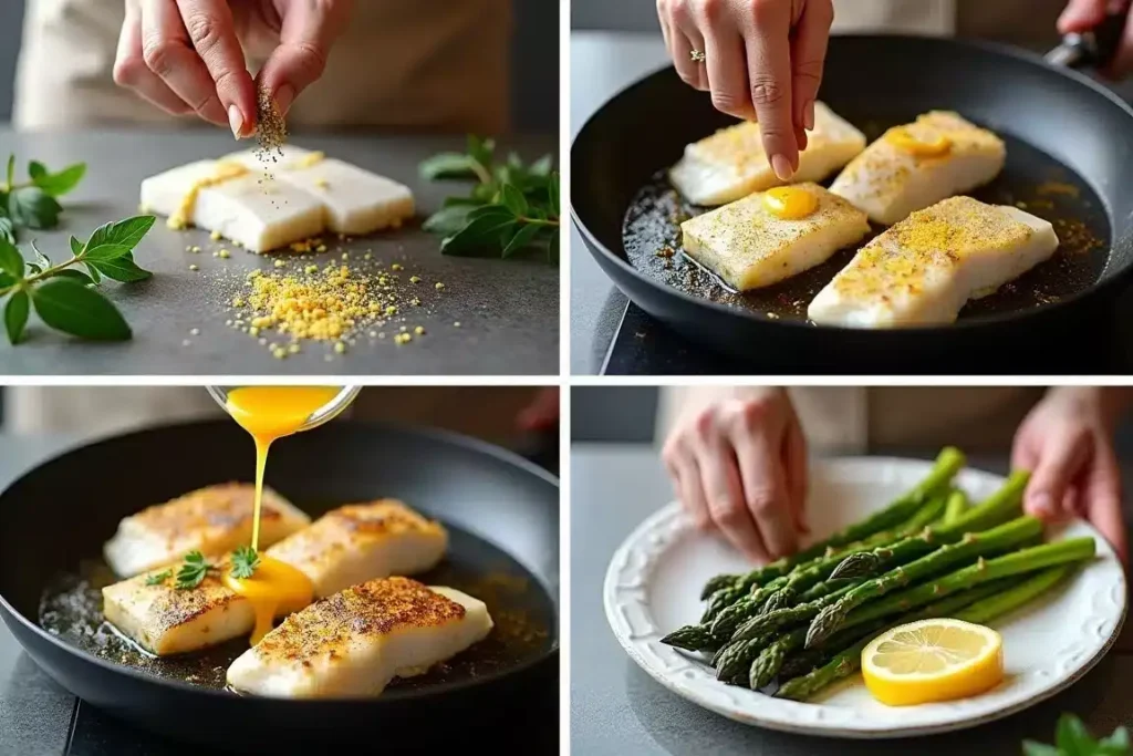 Quick and simple halibut fillet seasoned with lemon and herbs, ready to serve