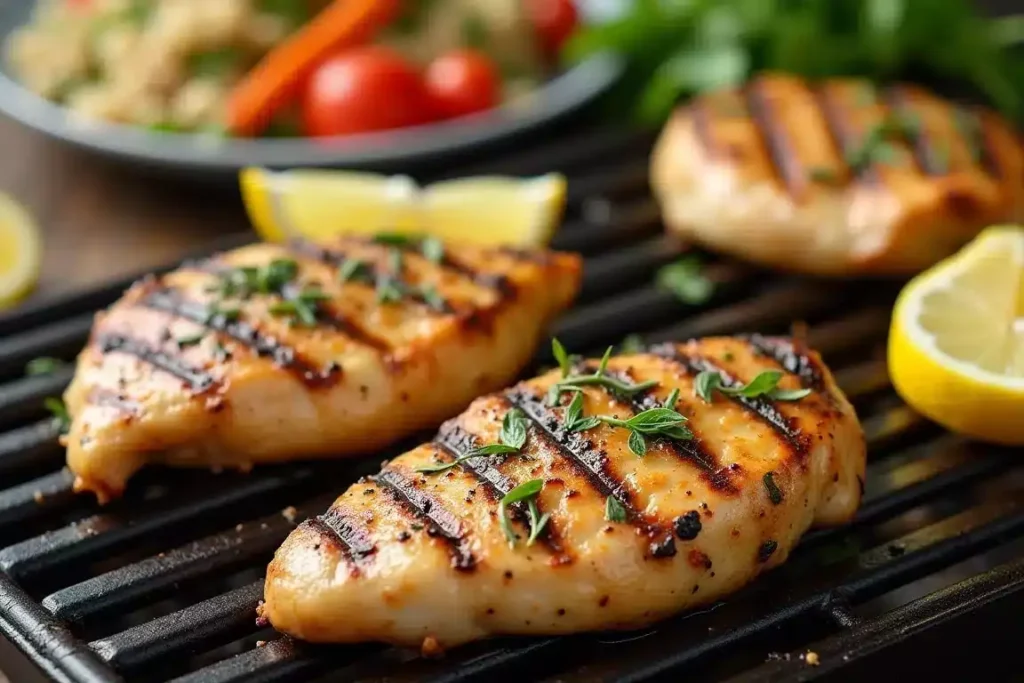 Lemon herb grilled chicken tenderloins garnished with fresh rosemary and lemon slices, served with grilled vegetables