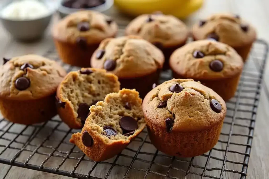 Whole wheat banana chocolate chip muffins on a wooden board, with a sprinkle of chocolate chips