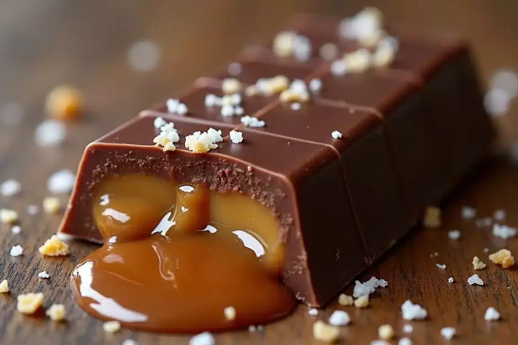 Caramel sea salt chocolate bar with a glossy finish, topped with a sprinkle of sea salt