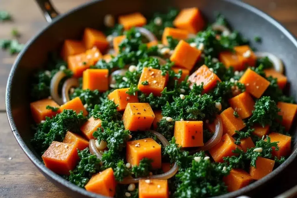 Sweet potato and kale hash in a skillet, garnished with fresh herbs