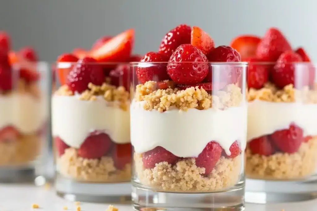 Strawberry shortcake parfaits layered with biscuits, strawberries, and whipped cream, served in elegant glasses