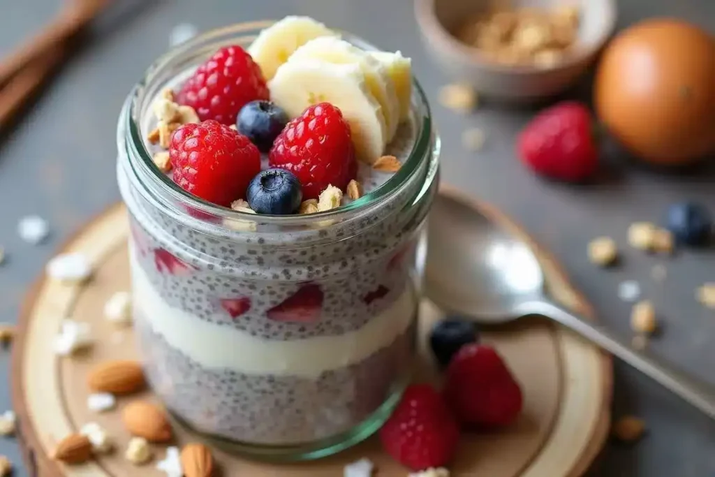 Overnight chia seed pudding in a jar, topped with fresh berries and a drizzle of honey