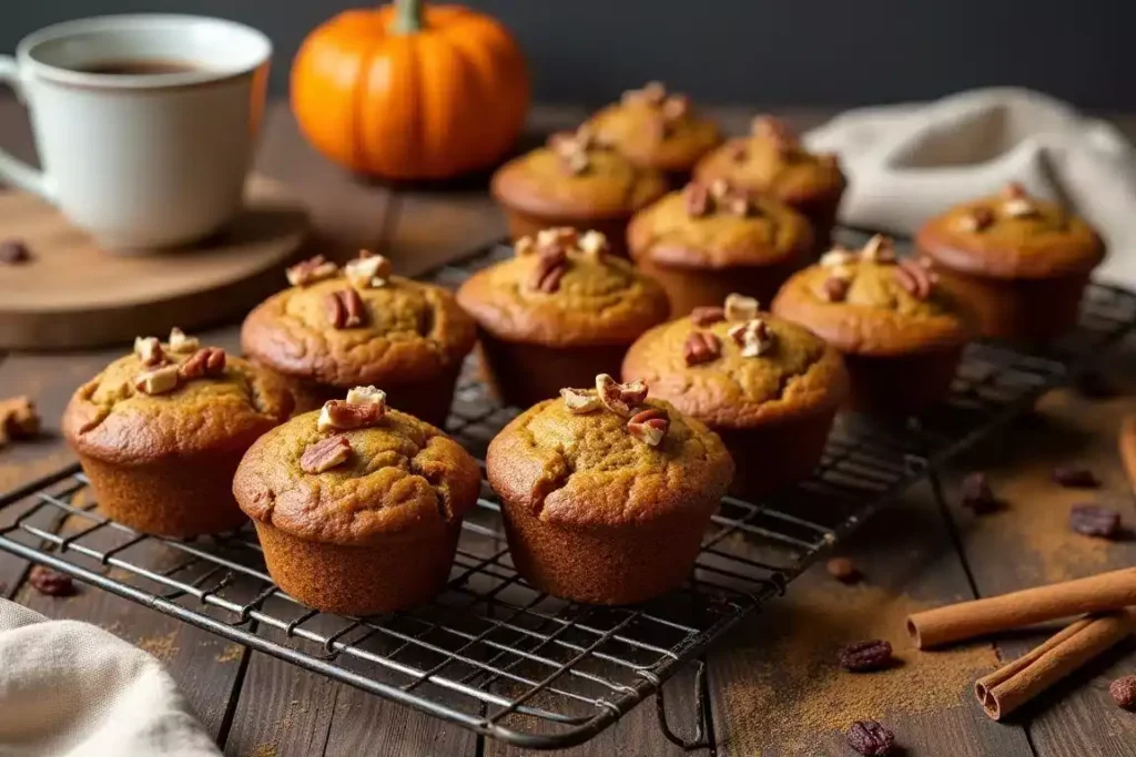 Spiced pumpkin banana muffins on a cooling rack, garnished with a sprinkle of cinnamon