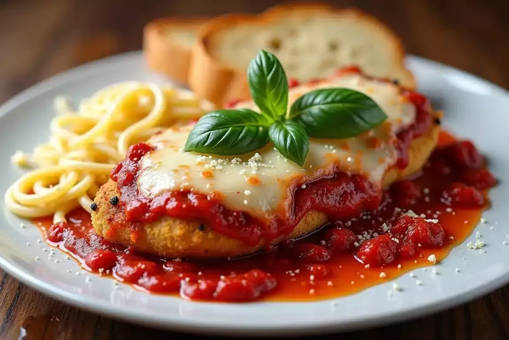 Chicken Parmesan topped with marinara sauce and melted cheese, garnished with basil, served with spaghetti