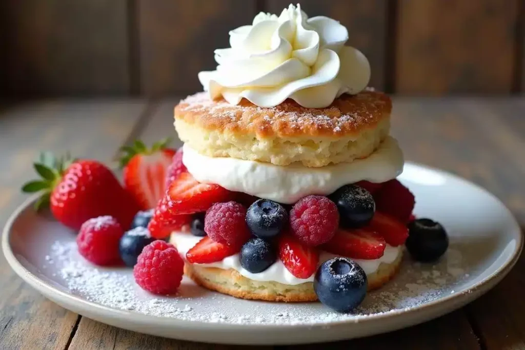 Berry medley strawberry shortcake with strawberries, blueberries, and raspberries layered on fluffy biscuits and whipped cream