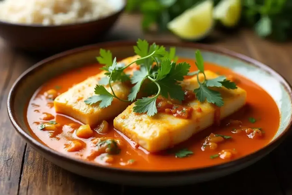 Poached halibut in a creamy coconut curry sauce, garnished with fresh cilantro and served with rice