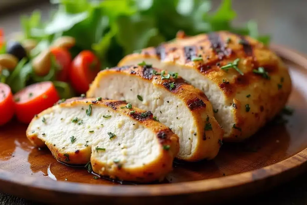 Garlic herb grilled chicken breast garnished with parsley and lemon slices, served with a side of grilled vegetables