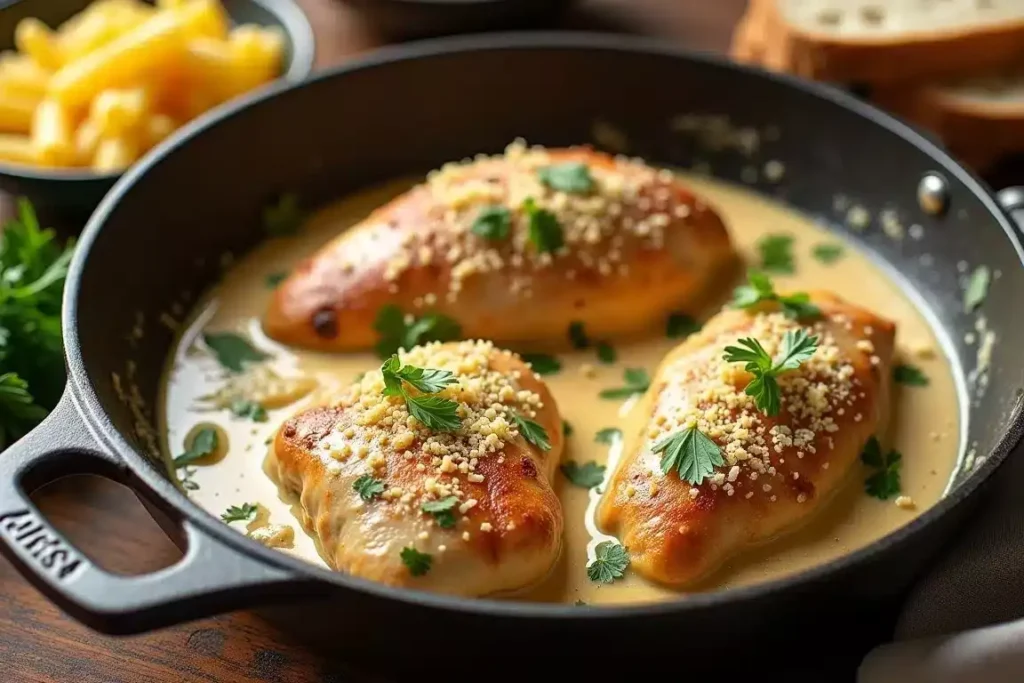 Creamy garlic Parmesan chicken tenderloins garnished with parsley, served with a side of pasta