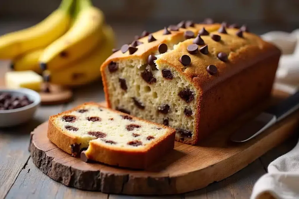 Banana chocolate chip muffin bread sliced on a wooden board, with chocolate chips sprinkled around