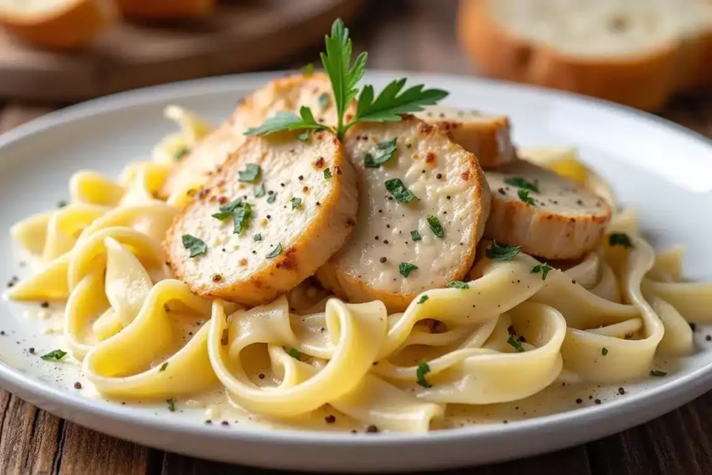 Creamy chicken Alfredo served over fettuccine, garnished with Parmesan and parsley