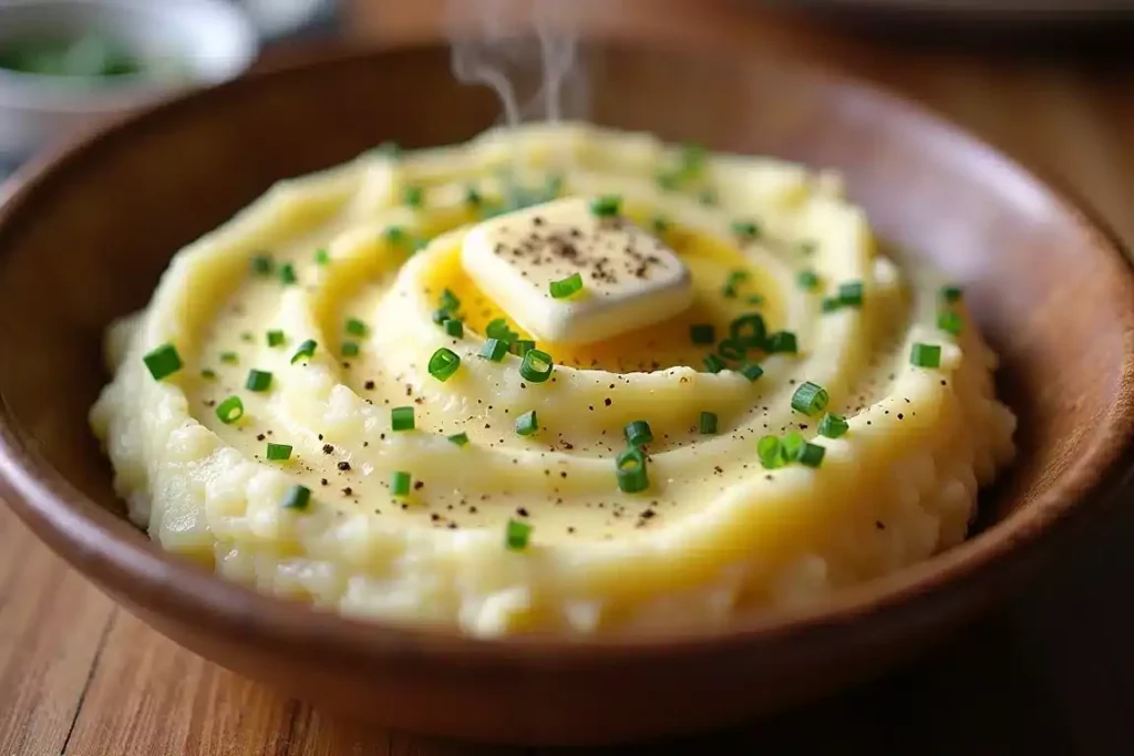 Creamy garlic mashed potatoes in a bowl, garnished with chives and a pat of butter