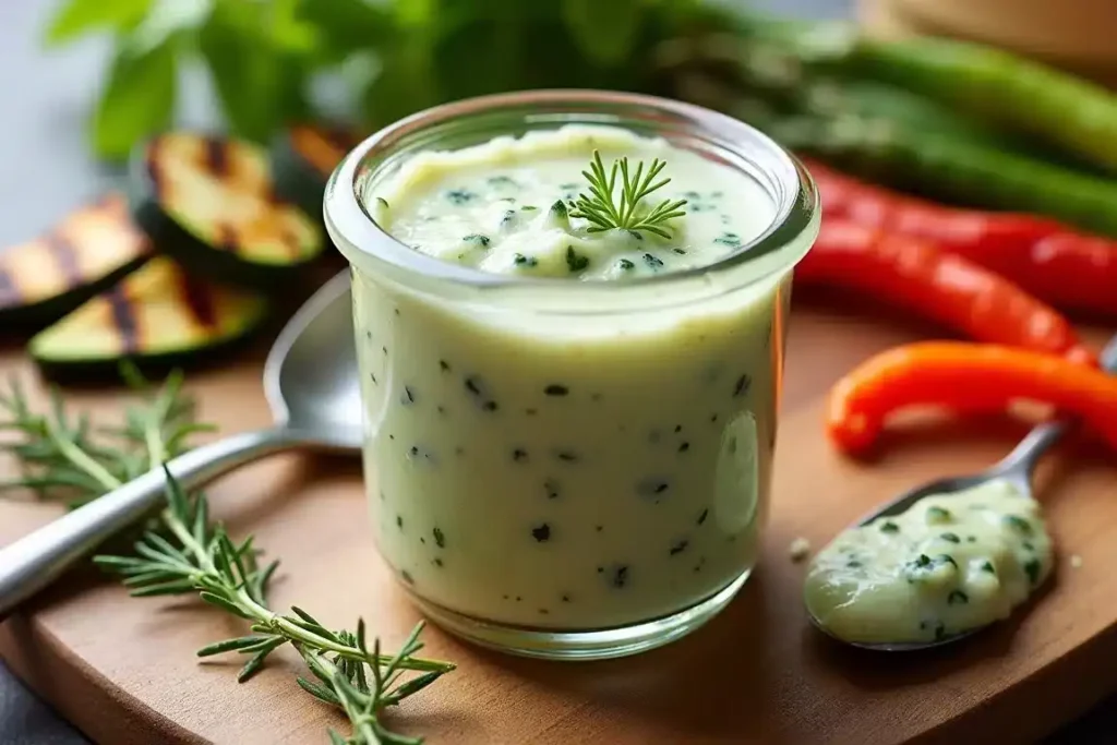 Herb-infused Cane's Sauce in a bowl, garnished with fresh parsley, basil, and dill