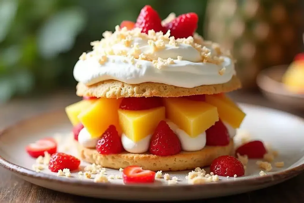 Tropical strawberry shortcake with mango, pineapple, and strawberries layered on biscuits and whipped cream