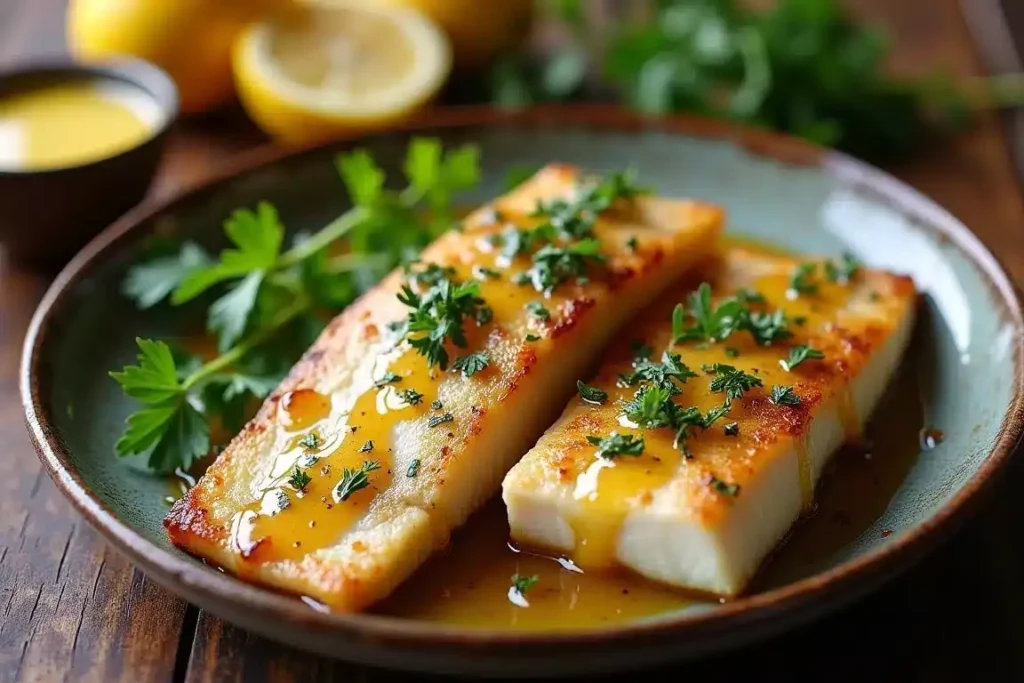 Pan-seared halibut fillet drizzled with garlic butter sauce, served with fresh herbs