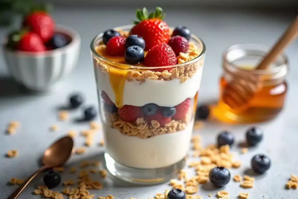 Yogurt parfait layered with granola, honey, and fresh berries in a glass