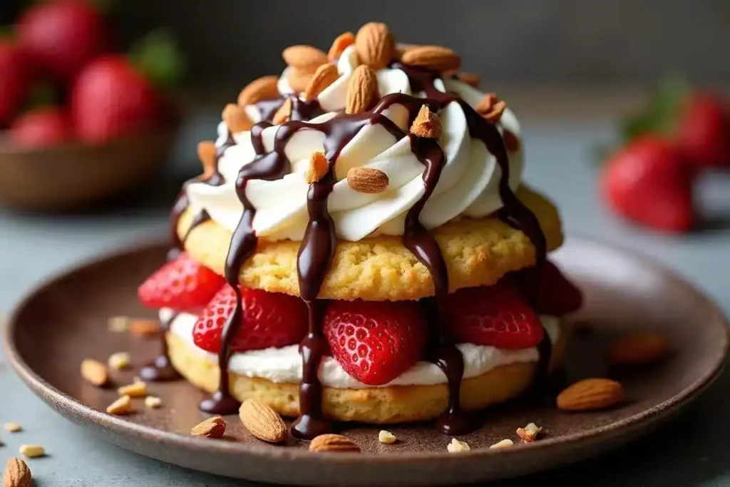 Almond Joy strawberry shortcake with almond-flavored biscuits, strawberries, and chocolate drizzle, garnished with sliced almonds