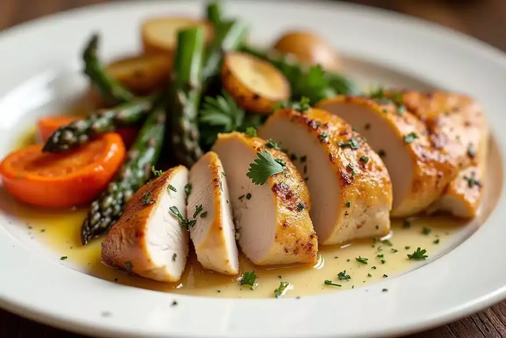 Cooked Chicken breast recipes garnished with fresh herbs, served with a side of roasted vegetables