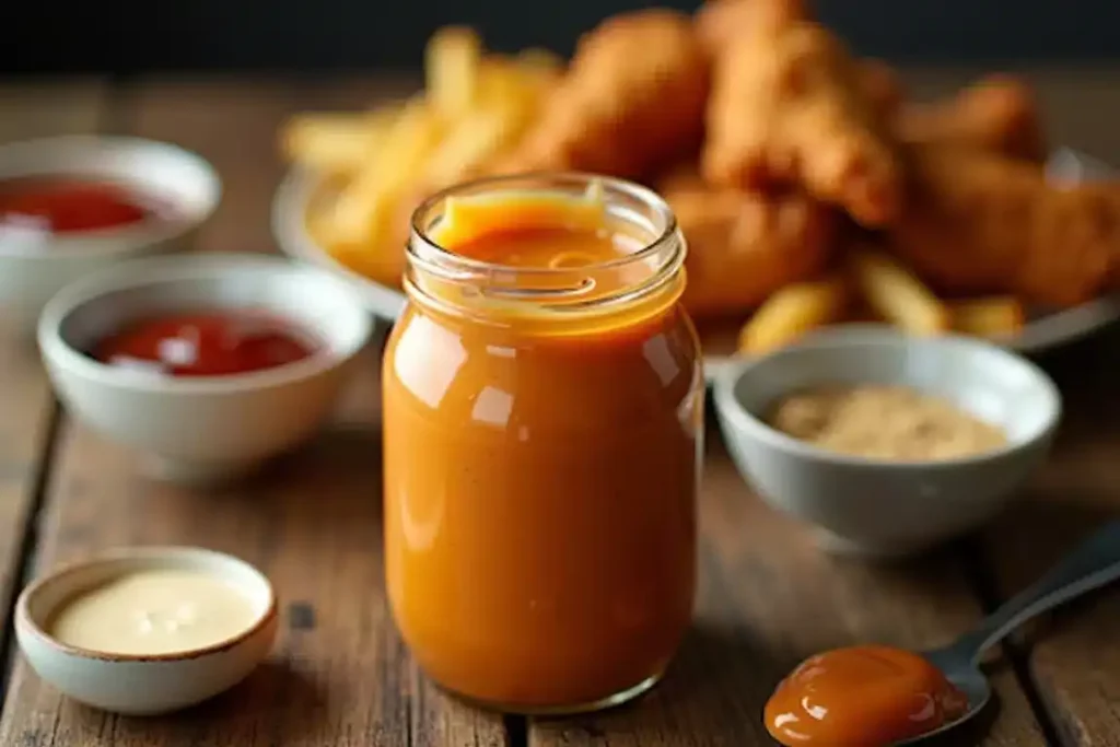 Classic Cane's Chicken Sauce in a bowl, served with crispy fried chicken