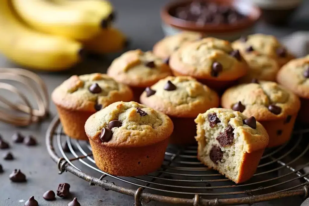 Classic banana chocolate chip muffins stacked on a plate, with chocolate chips scattered around