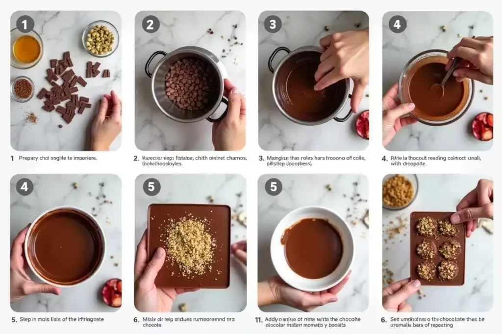 Quick and simple Dubai chocolate bars with mix-ins, cooling on a tray