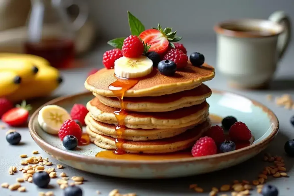 Whole-grain pancakes topped with fresh fruit and a drizzle of maple syrup