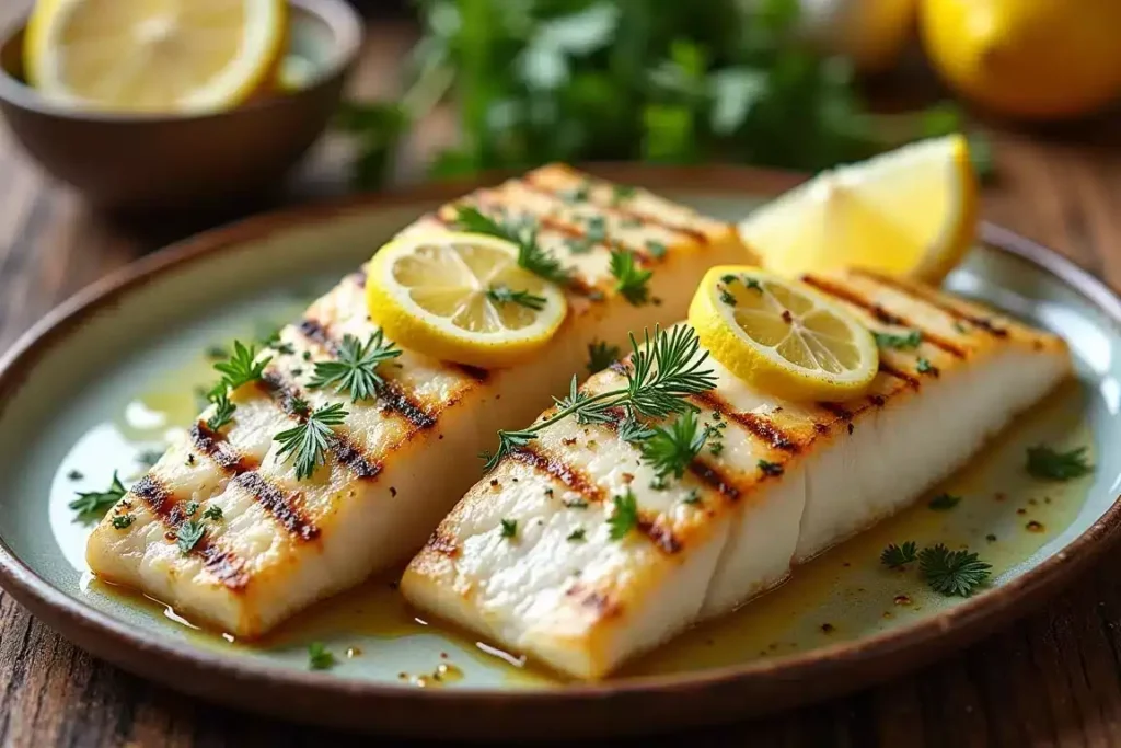 Lemon herb grilled halibut fillet garnished with fresh herbs and lemon slices on a plate