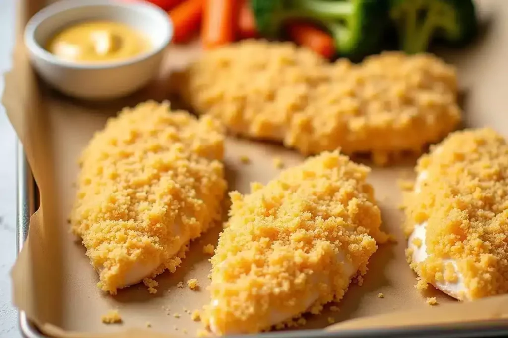 Crispy baked chicken tenderloins on a baking sheet, garnished with parsley and served with a dipping sauce