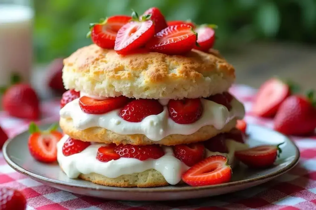 strawberry shortcake recipe​ with fluffy biscuits, fresh strawberries, and whipped cream, served on a plate