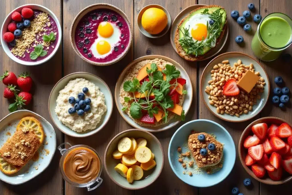 Healthy Healthy Breakfast Ideas options including smoothies, avocado toast, and fresh fruit on a table