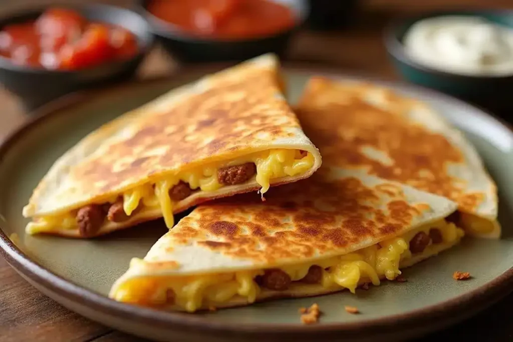 Breakfast quesadillas filled with chorizo, scrambled eggs, and melted cheese, served with salsa