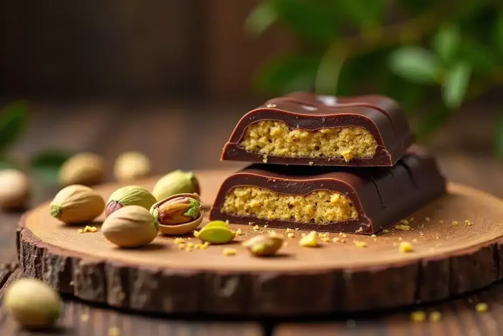 Dubai Chocolate Bar Recipe with rich layers and exotic garnishes, served on a decorative plate